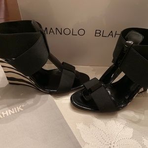 Manolo Blahnik Fabric Black Patent Wedge